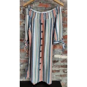 Off The Shoulder Dress Womens Sz M Stripes Blue Red Linnen Look AC